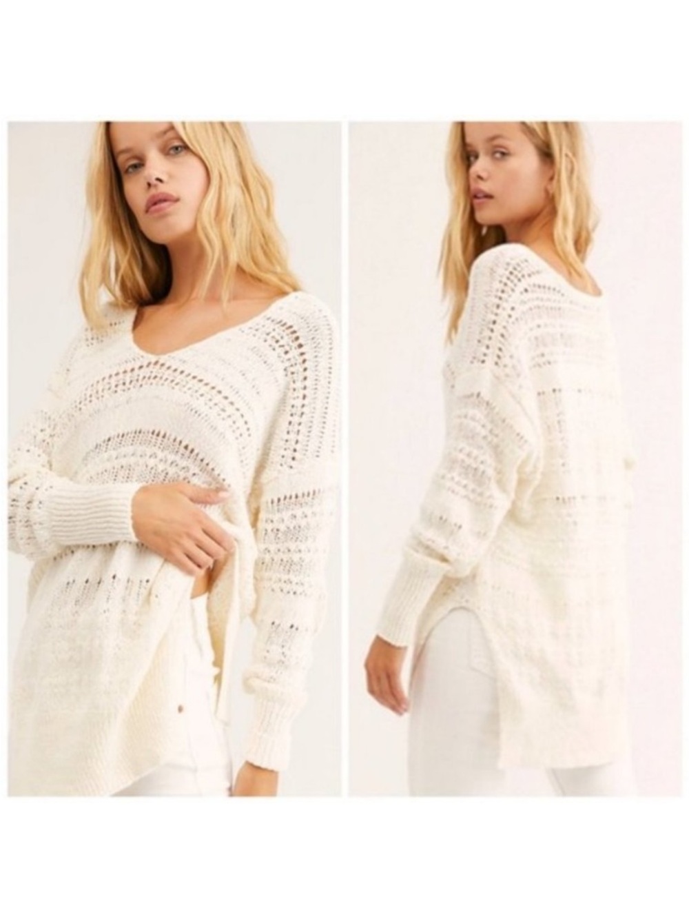 Free People Hot Tropics Pullover Open Knit Sweater Small Oversized Coverup Cream